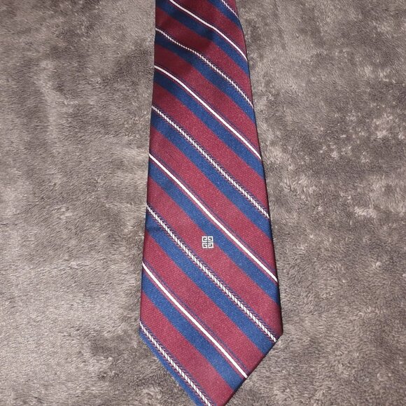 Givenchy Silk Tie Red Navy Blue Striped Luxury Necktie Italy - Picture 8 of 11